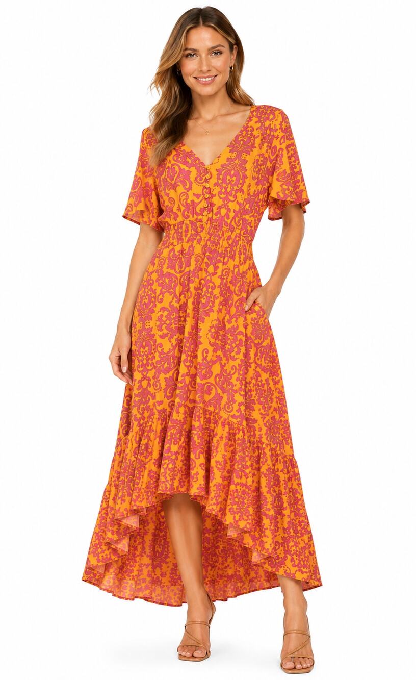 Abel the Label Orange Pink Floral Smocked Waist Hi-Low Boho Dress S Autumn